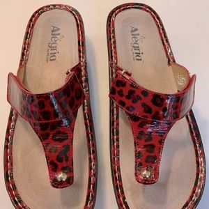 Alegria Red/Black Carina Leopard Patent Leather Thong Wedge Size 41 EU/10.5M